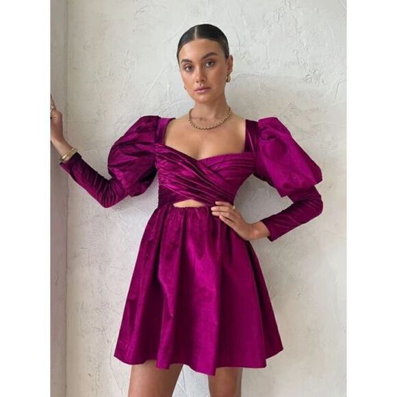 Alemais Dresses & Skirts - Alemais Rosario Mini Fuchsia Velvet Puff Sleeve Dress Women’s US Size 2